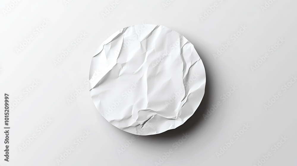 A crumpled white paper circle on a white background. A crumpled white paper circle on a white background.