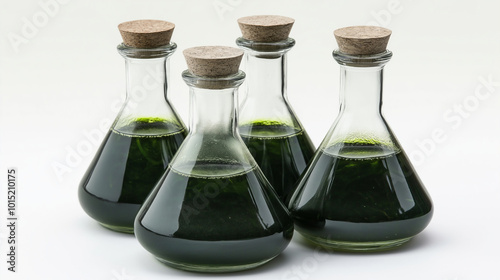 Four glass flasks filled with dark green liquid and cork stoppers.