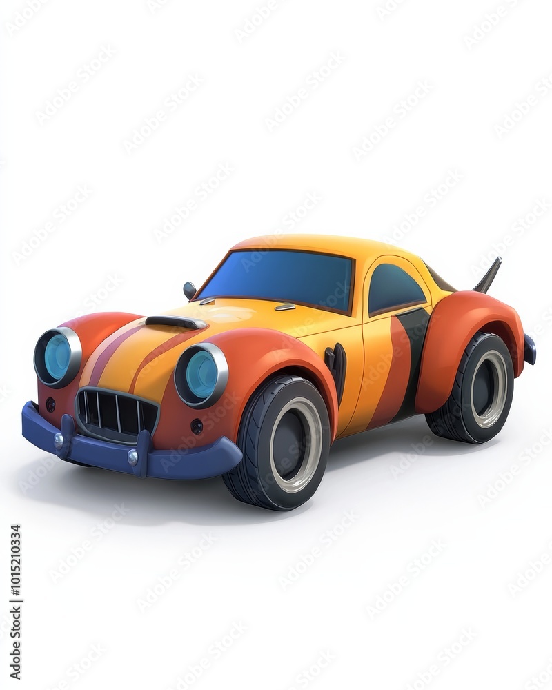A vibrant cartoon car displays its bold design ready for adventure in a lively setting A vibrant cartoon car displays its bold design ready for adventure in a lively setting