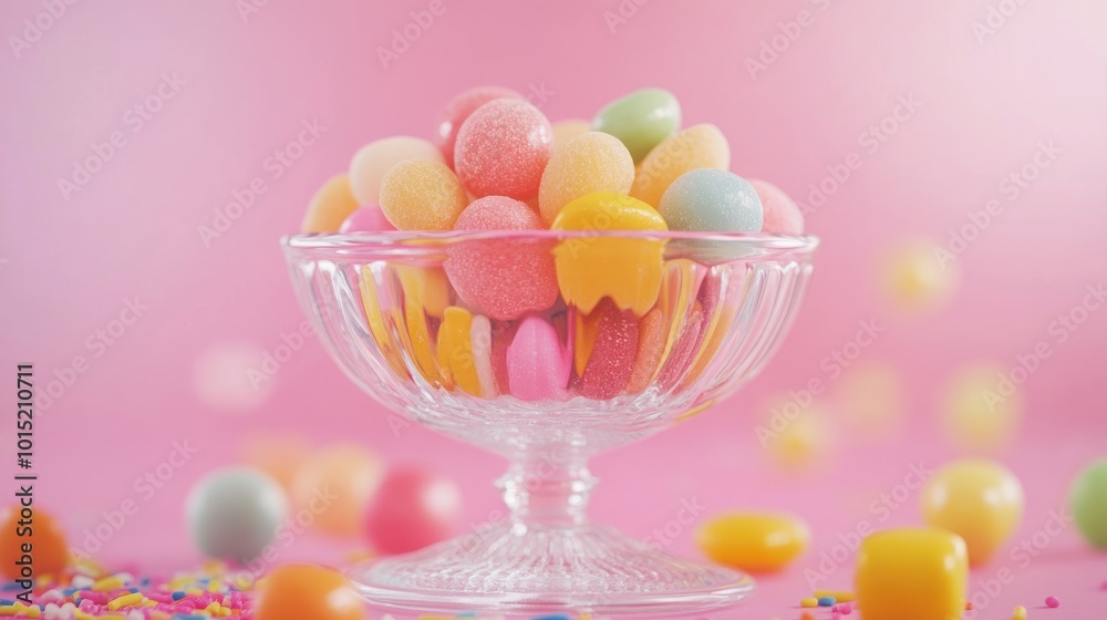 A glass bowl filled with colorful candy eggs against a pink background. A glass bowl filled with colorful candy eggs against a pink background.