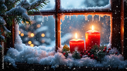 Cozy Winter Scene with Candlelit Window, Snowy Branches, and Holiday Decor at Night. Winter Christmas scene photo