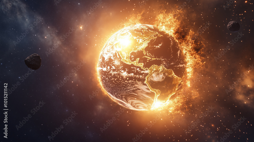 Naklejka premium A burning Earth in space, engulfed in flames, with asteroids nearby.