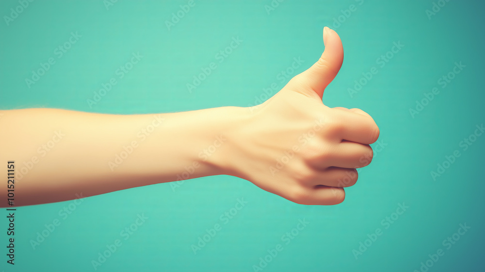 A hand with the thumb extended, giving a thumbs-up gesture, against a turquoise background. A hand with the thumb extended, giving a thumbs-up gesture, against a turquoise background.