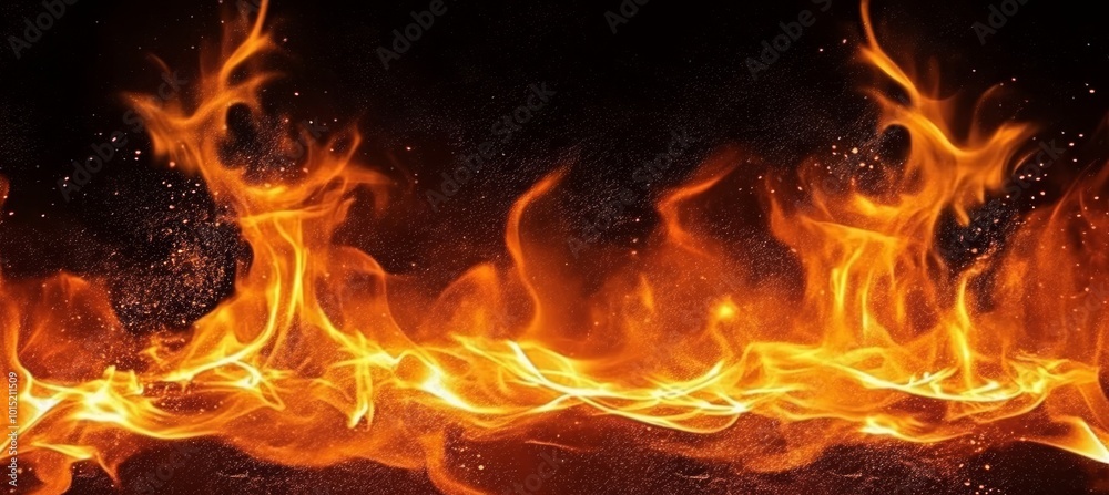 Fototapeta premium Burning Fire Flames on Black Background, Abstract Fire Texture with Sparks, Bonfire Blaze Wide Image