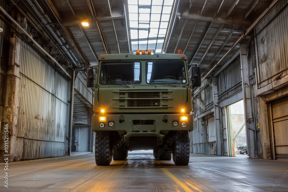 Military truck drives through industrial building, lit by overhead lights. Military truck drives through industrial building, lit by overhead lights.