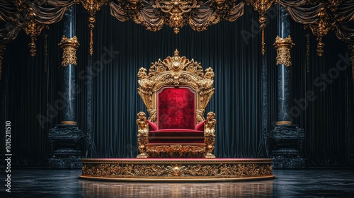 A grand, ornate throne with a red velvet cushion sits upon a golden platform in a dark room with gold pillars and curtains.