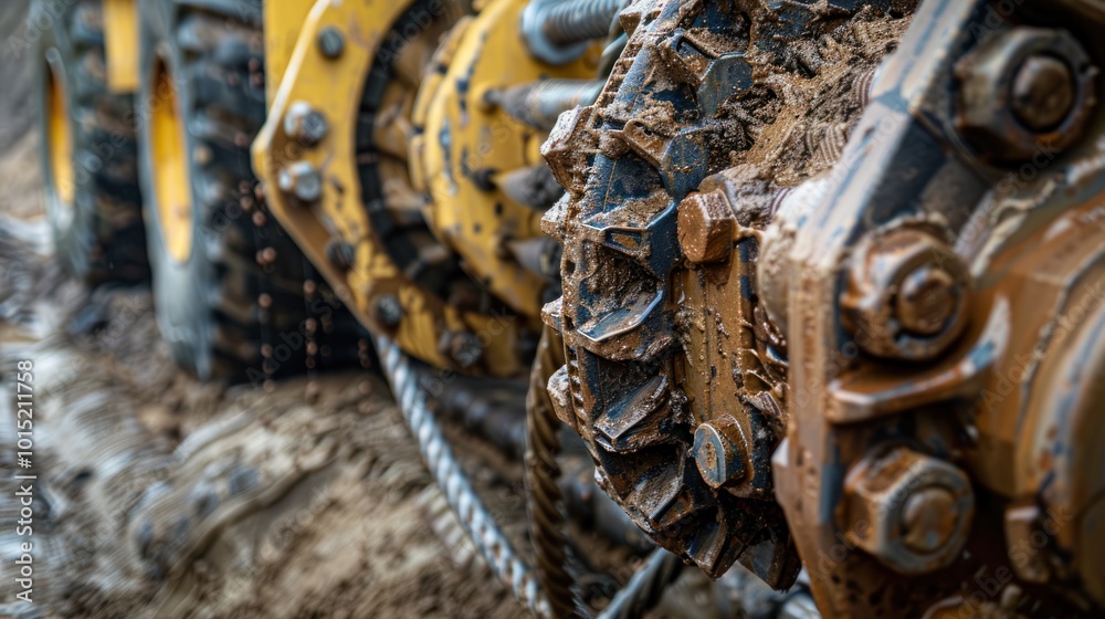 Close-up of a Mud-Covered Excavator Cutting Wheel Close-up of a Mud-Covered Excavator Cutting Wheel