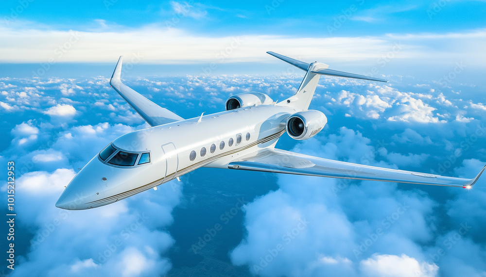Luxury private jetliner flying above clouds. Luxury private jetliner flying above clouds.