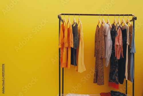 Clothing rack with stylish garments on hangers. Yellow wall background. Four hangers hold different colored dresses. Top hanger yellow dress, middle black dress, bottom red dress. Blue dress on