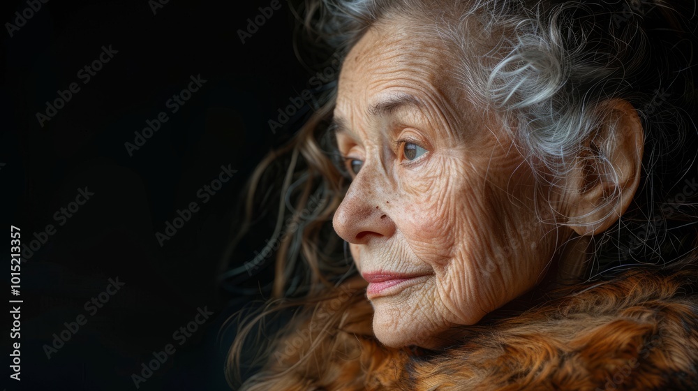 The elderly woman, adorned in a fur collar, sits quietly, her thoughtful expression revealing a wealth of stories and memories in the warm glow The elderly woman, adorned in a fur collar, sits quietly, her thoughtful expression revealing a wealth of stories and memories in the warm glow