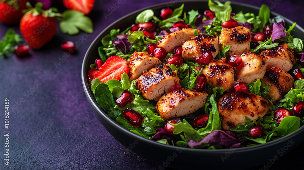 Pour le dîner, une salade saine avec poulet grillé, tomates rouges et poivrons verts est servie sur une assiette, un plat délicieux pour les bons vivants. Pour le dîner, une salade saine avec poulet grillé, tomates rouges et poivrons verts est servie sur une assiette, un plat délicieux pour les bons vivants.