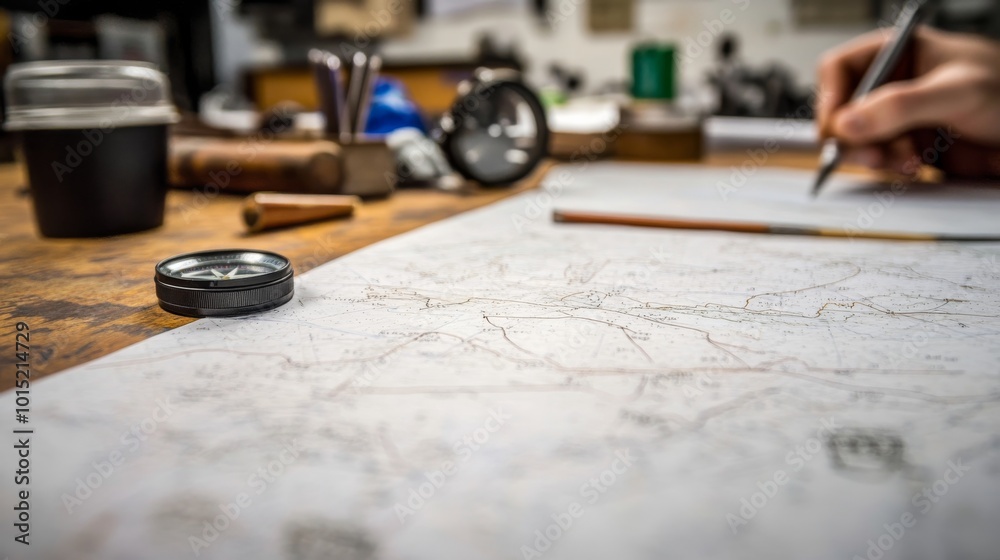 A hand actively sketches route lines on a paper map, surrounded by a compass, magnifying glass, and notepad, creating an atmosphere of adventure and exploration A hand actively sketches route lines on a paper map, surrounded by a compass, magnifying glass, and notepad, creating an atmosphere of adventure and exploration