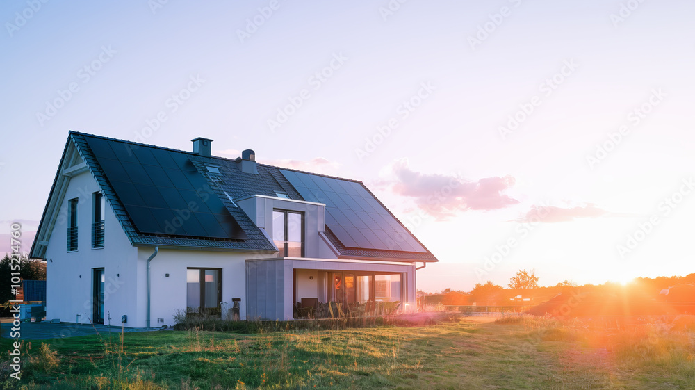 Modern white house with solar panels on the roof, bathed in warm sunset light. Modern white house with solar panels on the roof, bathed in warm sunset light.