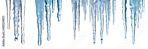 Set of close-up of icicles hanging from a surface, isolated on a transparent background. Symbolizes cold, winter, and frozen water. Perfect for winter projects, seasonal decorations.