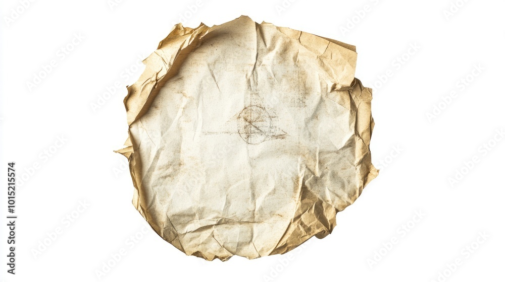 A round piece of crumpled, aged, and worn paper with a faint stamp imprint in the center, isolated on a white background. A round piece of crumpled, aged, and worn paper with a faint stamp imprint in the center, isolated on a white background.