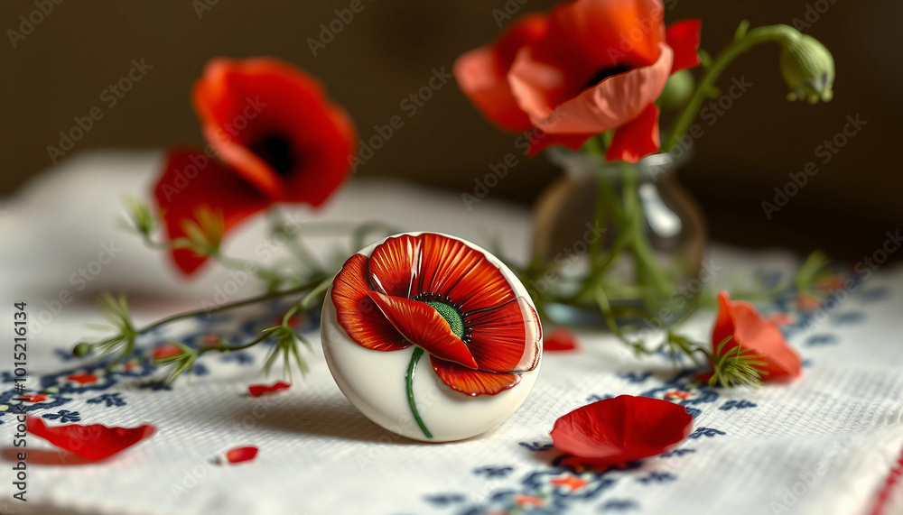 A charming still life featuring vibrant red poppies and a detailed decorative pin on a patterned cloth, evoking feelings of elegance and tranquility.
A charming still life featuring vibrant red poppies and a detailed decorative pin on a patterned cloth, evoking feelings of elegance and tranquility.