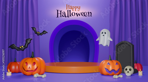 3d halloween. Sale podium, pumpkin and cute ghost, music party celebration decor, black night stage. Space render isolated elements. Web banner for product presentation. Vector background
