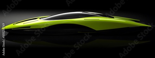 Futuristic green concept car with sleek aerodynamic design, side view on black background. photo