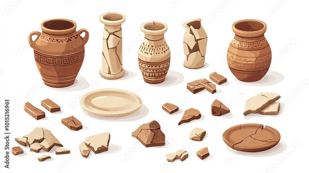 A set of five clay pots, two in whole condition and three broken into pieces.