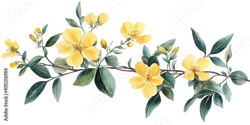 A botanical illustration of a yellow flower and wild herb arranged on a twig with leaves and blossoms, created using watercolor techniques.