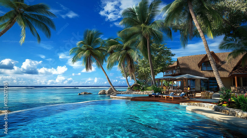 Tropical Beach Villa with Infinity Pool and Lush Palm Trees.