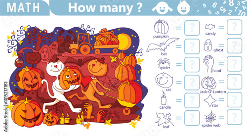 Counting math game for kids. Find and count hidden objects in the picture. Halloween night with Cats, Pumpkins, Ghosts. Jack-O'-Lantern Halloween celebration. Puzzle Hidden Items. Sketch vector 