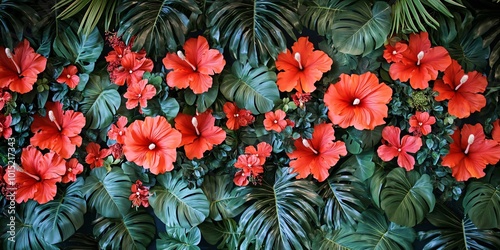 Lush tropical foliage with vibrant red hibiscus flowers.