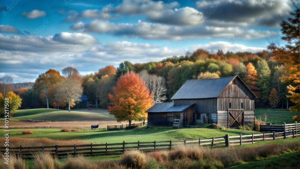 Old house with fence in autumn forest Old house with fence in autumn forest