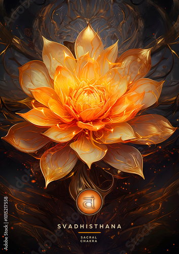 Sacral chakra illustration, design. Svadhisthana chakra, mystical yellow and orange petals, enchanted ambience. Peaceful decor for meditation, chakra energy healing, reiki / yoga studios, massage ther