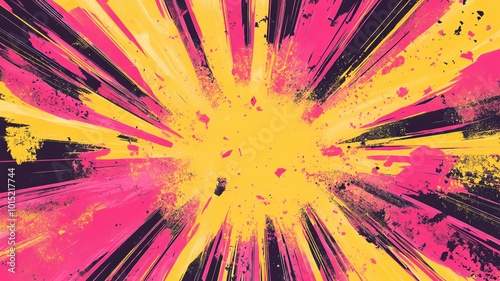 A comic bookstyle explosion in bright yellow and pink, with dynamic lines and energy photo