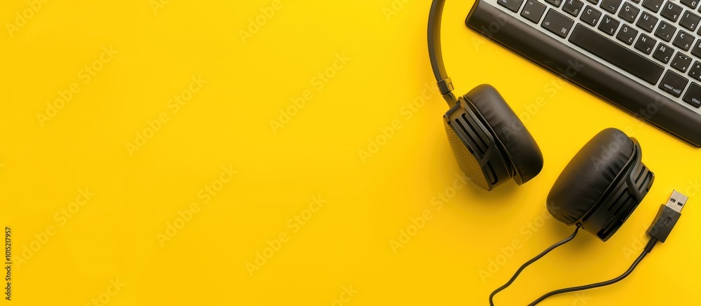 Headphones and Keyboard on Yellow Background Headphones and Keyboard on Yellow Background