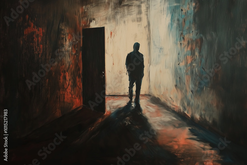 A lone figure stands in a dimly lit room, silhouetted against a doorway.