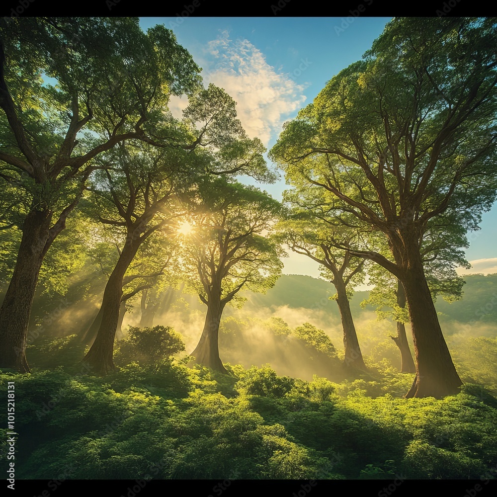 Fototapeta premium Sunbeams Through Forest Canopy, Magical Woodland Landscape With Lush Green Foliage and Golden Light