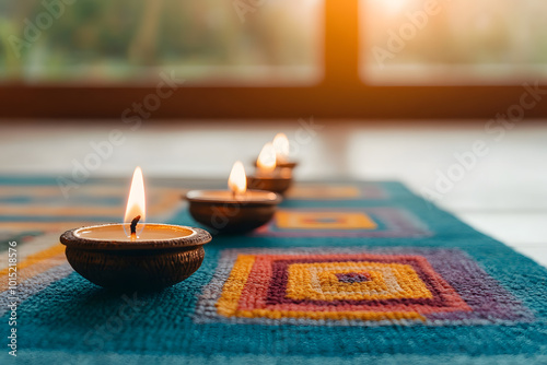 Colourful Diyas Illuminating a Festive Rangoli Design | Vibrant Lights and Intricate Patterns Celebrating Diwali Traditions photo