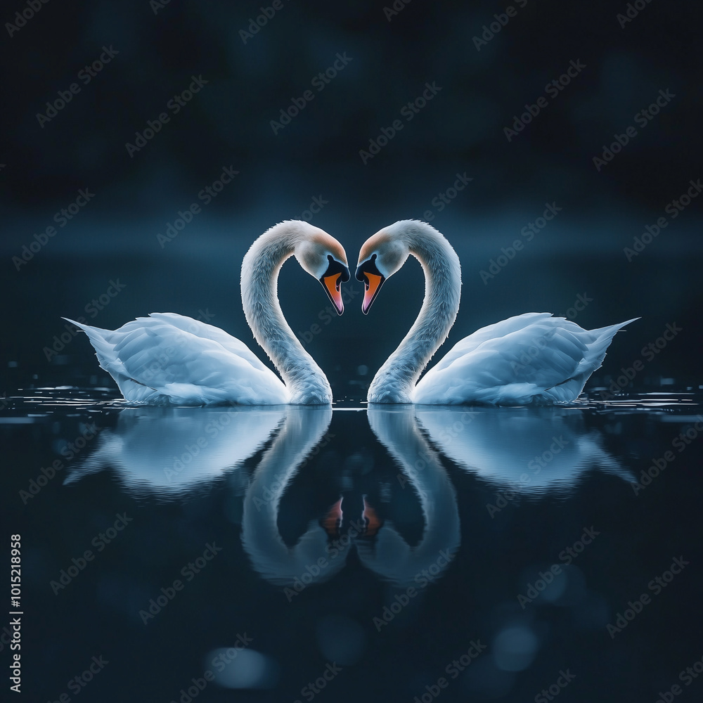 Fototapeta premium Two swans forming a heart shape with their necks, symbolizing love. 