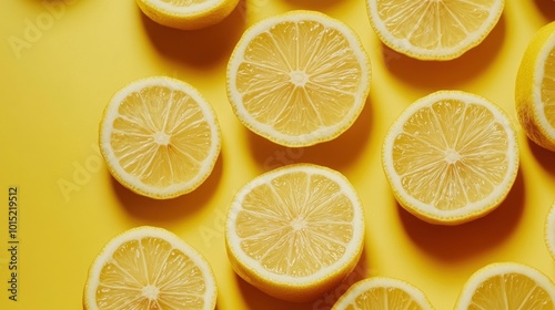 Close-up of sliced lemons arranged in a pattern on a bright yellow background.