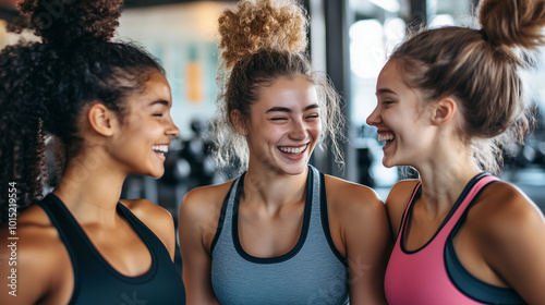 Three athletic women laughing together in a gym.