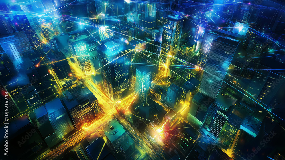 An aerial view of a futuristic cityscape illuminated with vibrant neon lights and interconnected by digital lines. An aerial view of a futuristic cityscape illuminated with vibrant neon lights and interconnected by digital lines.