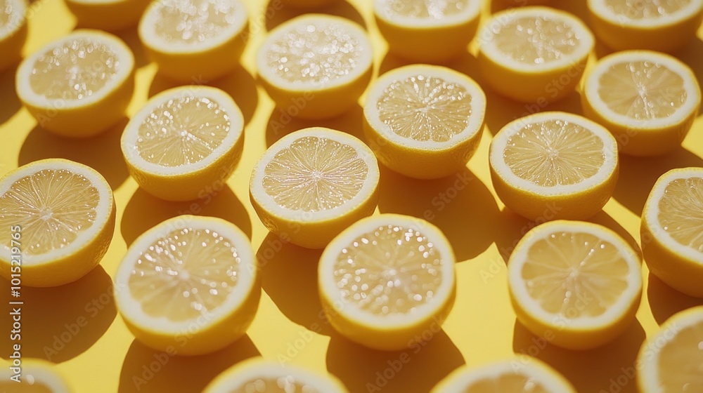 A flat lay of lemon slices arranged in rows on a yellow background. A flat lay of lemon slices arranged in rows on a yellow background.