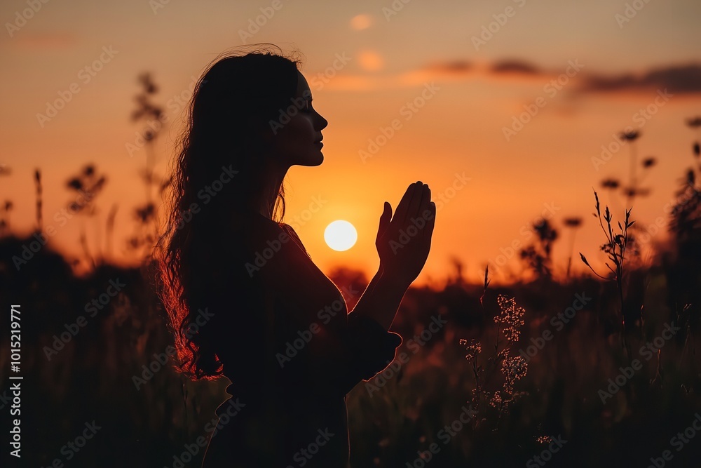 A stock image depicting a Christian theme, featuring a silhouette of a woman raising her hands in praise against a sunrise backdrop, representing a woman praying to God in faith.