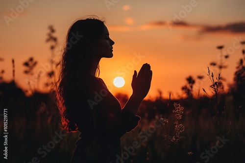 A stock image depicting a Christian theme, featuring a silhouette of a woman raising her hands in praise against a sunrise backdrop, representing a woman praying to God in faith. photo