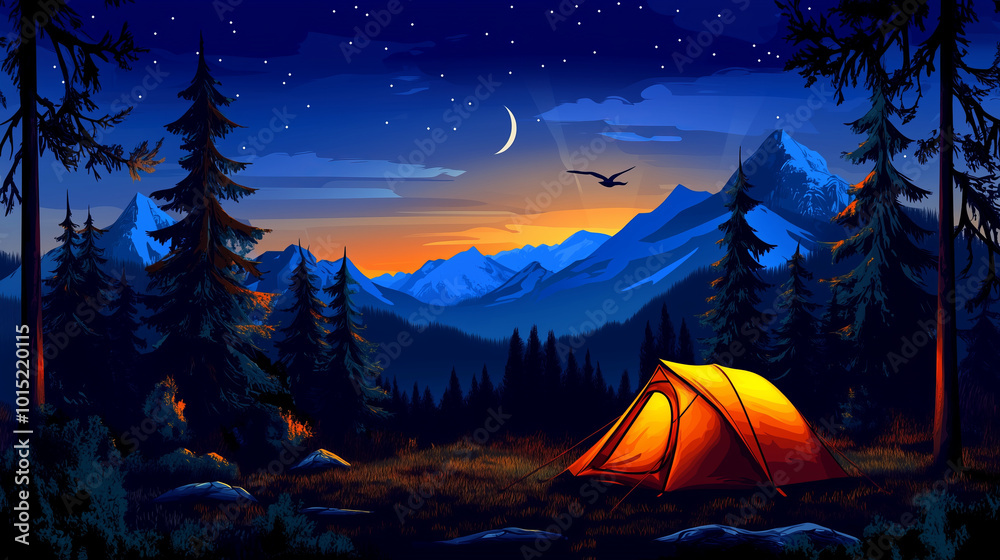 A lone tent glows in the moonlight, nestled amidst a forest with a mountain backdrop.