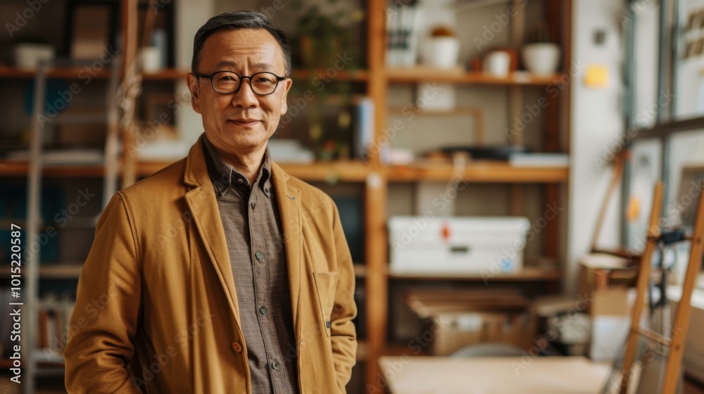 Fototapeta premium A man in a brown jacket standing next to shelves. AI.
