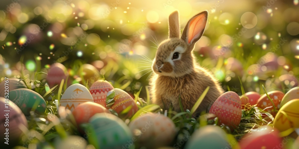 A bunny sitting in a field of colorful easter eggs. AI. A bunny sitting in a field of colorful easter eggs. AI.