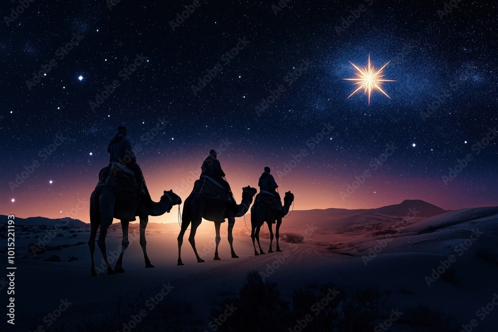 Three Wise Men on camels following the Star of Bethlehem under a starry sky Three Wise Men on camels following the Star of Bethlehem under a starry sky