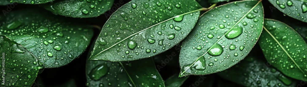 Wet green leaves with water droplets, emphasizing their lush, vibrant color Wet green leaves with water droplets, emphasizing their lush, vibrant color