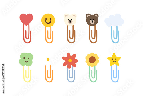 Cute cartoon paper clip collection. Flat decorative vector design isolated illustration.