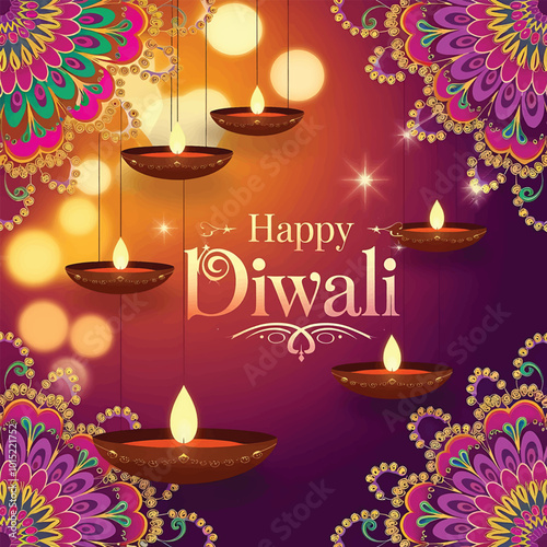 Indian festival happy Diwali with decorative lights colorful beautiful Diwali  background
