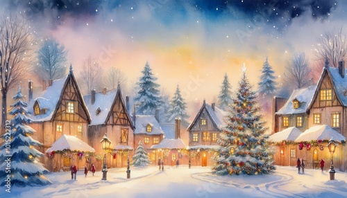 snowy village with old houses, christmas tree in the middle with lights in the windows and lanterns and illuminated houses. watercolor style