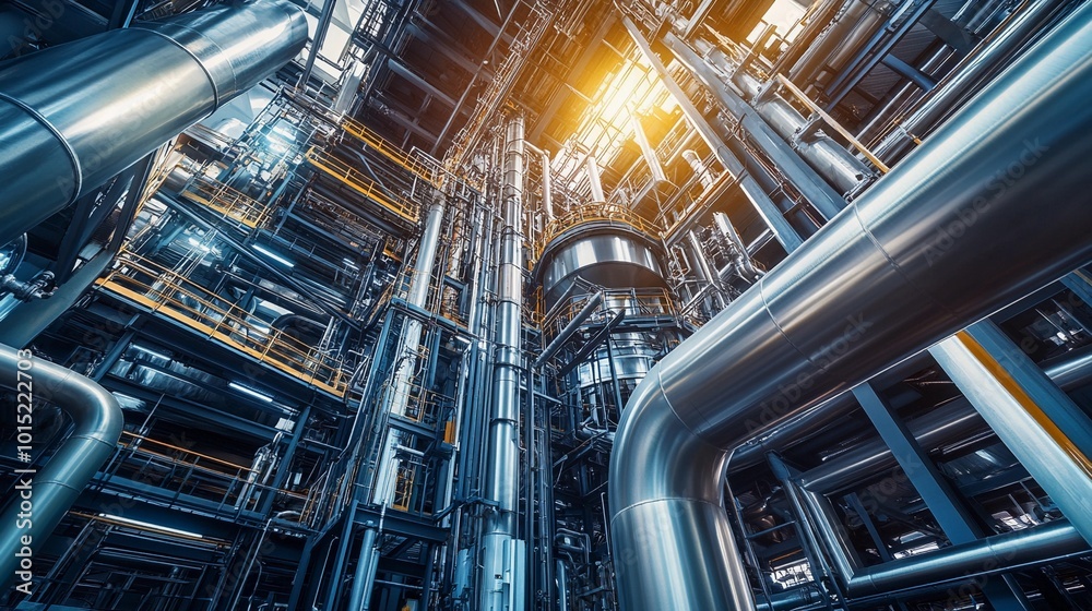 Modern refinery, intricate piping system, control room with digital panels, massive storage tanks, stainless steel structures, efficient layout Modern refinery, intricate piping system, control room with digital panels, massive storage tanks, stainless steel structures, efficient layout